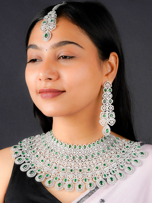 CZSET327GR - Green Color Silver Plated Faux Diamond Necklace Set