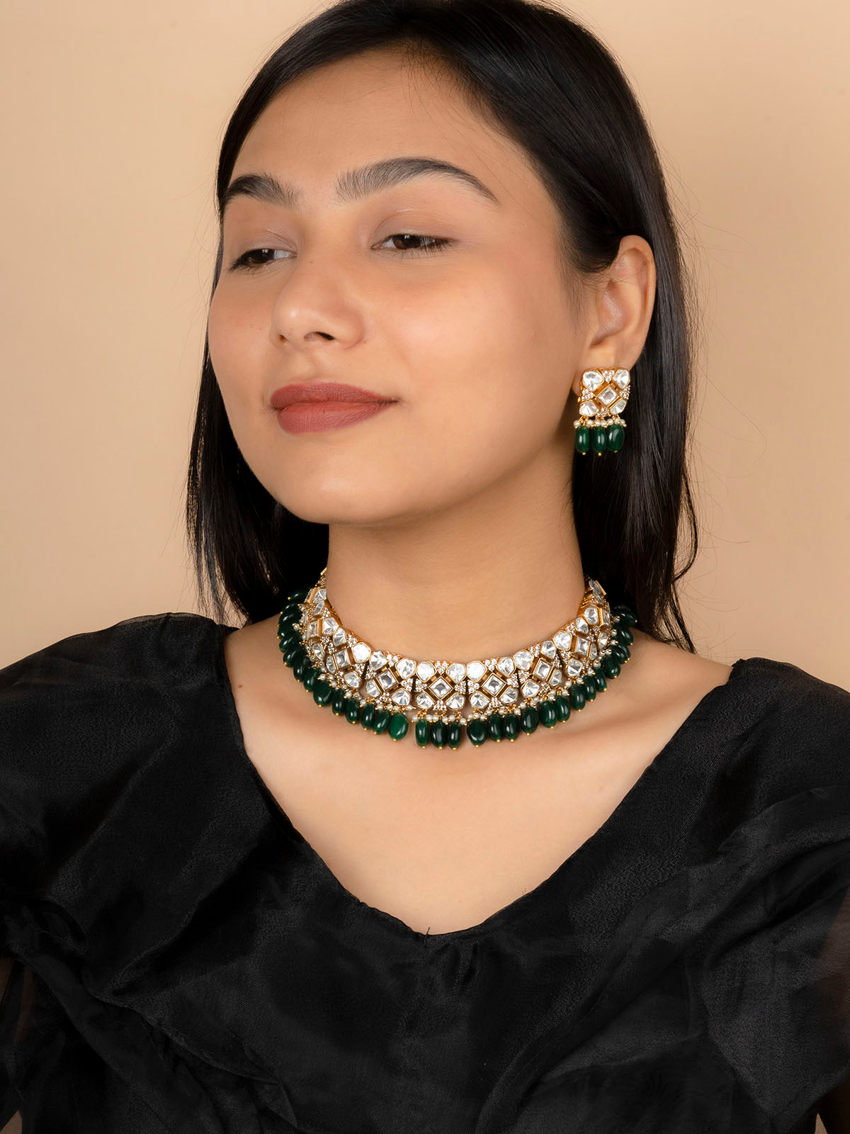 MO-S3WA - Green Color Jadau Kundan Choker Necklace Set