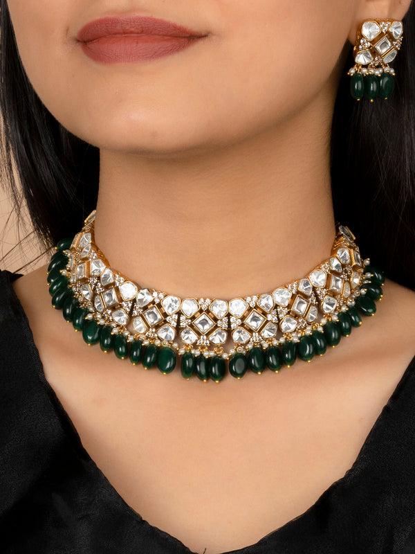 MO-S3WA - Green Color Jadau Kundan Choker Necklace Set
