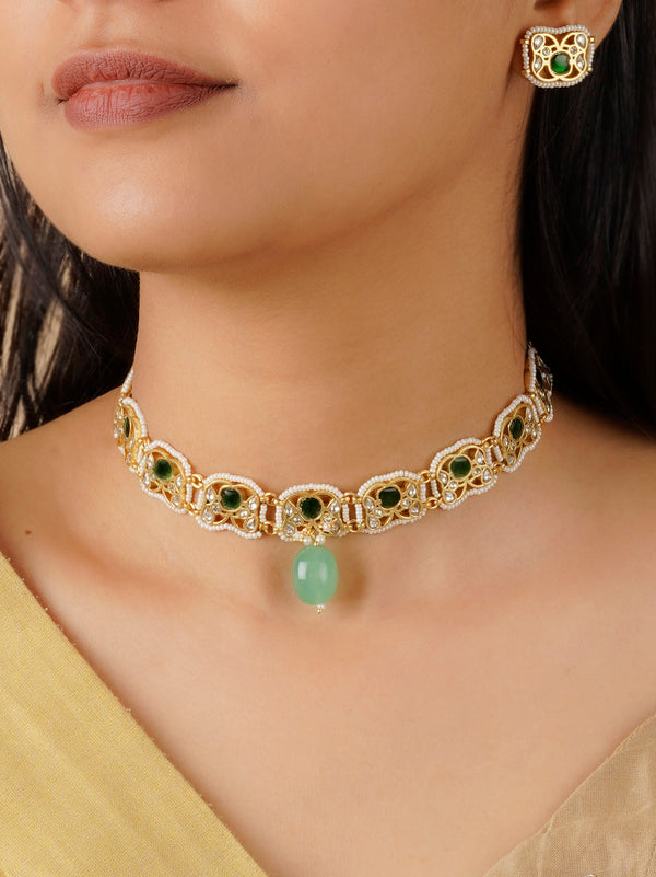 MR-S341WGRA - Green Color Gold Plated Mishr Necklace Set