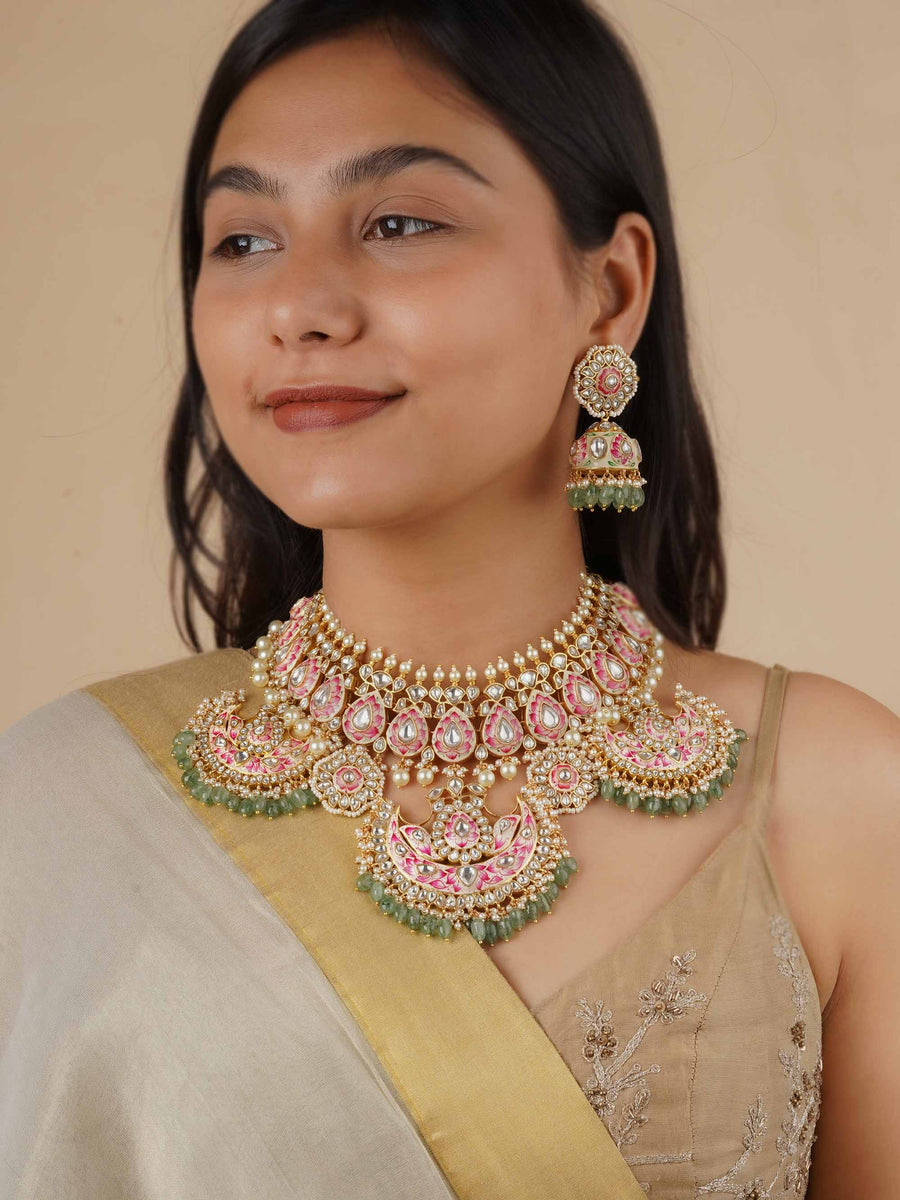 Silver/Pink Kundan Jadau Necklace with Earrings main image 1
