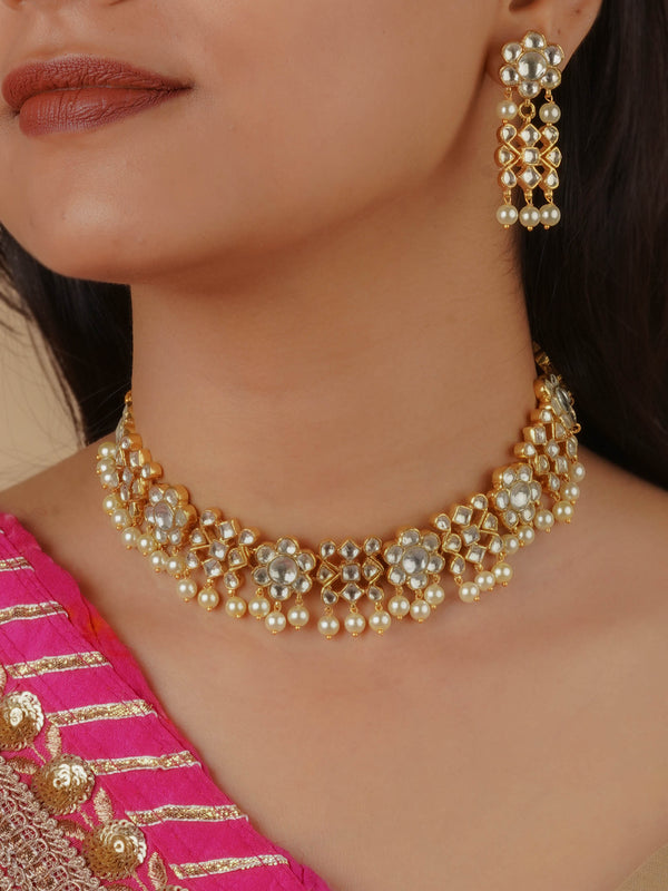 MS2093Y - White Color Gold Plated Jadau Kundan Necklace Set