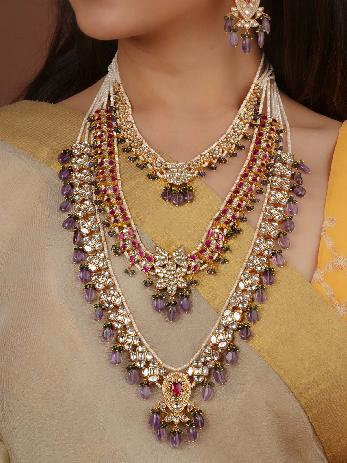 Multicolor Gold Plated Thappa Jadau Kundan Necklace Set - TJ-S74