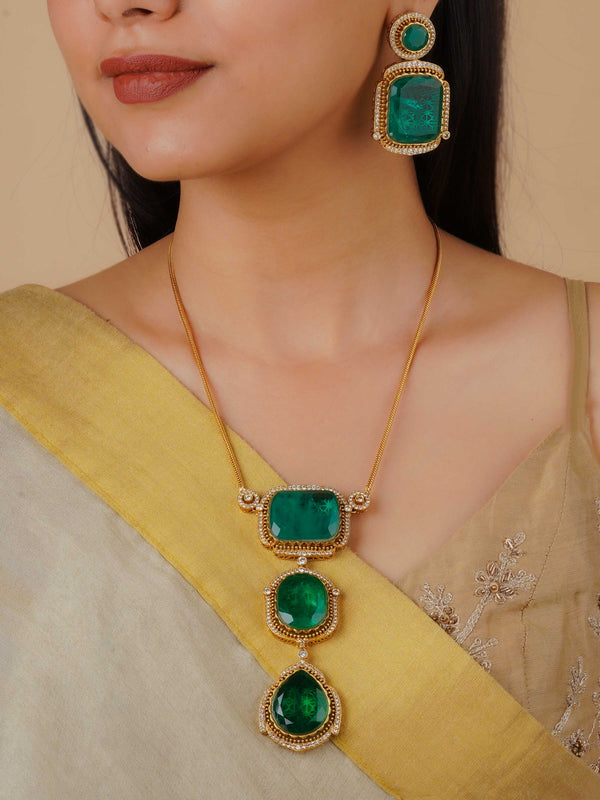 PK-S70GR - Green Color Gold Plated Faux Polki Necklace Set