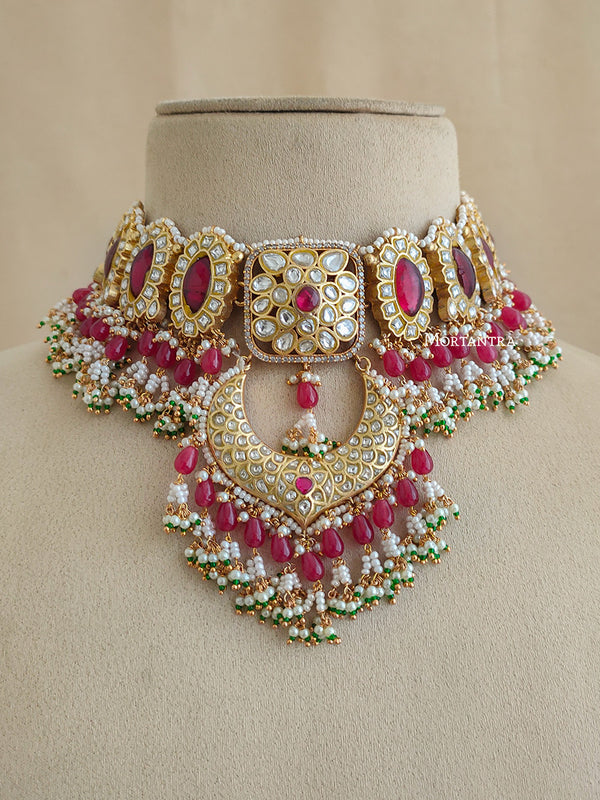 TJ-S82WP - Multicolor Bridal Thappa Jadau Kundan Medium Necklace Set