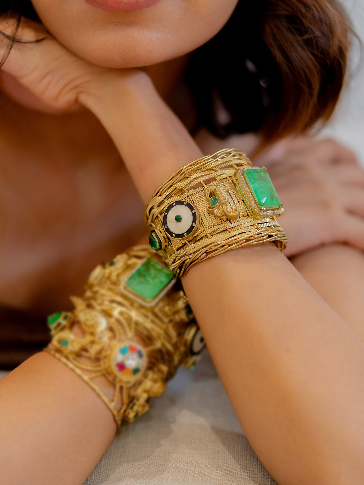 CC-BRAC2GR - Green Color Gold Plated Contemporary Bangles