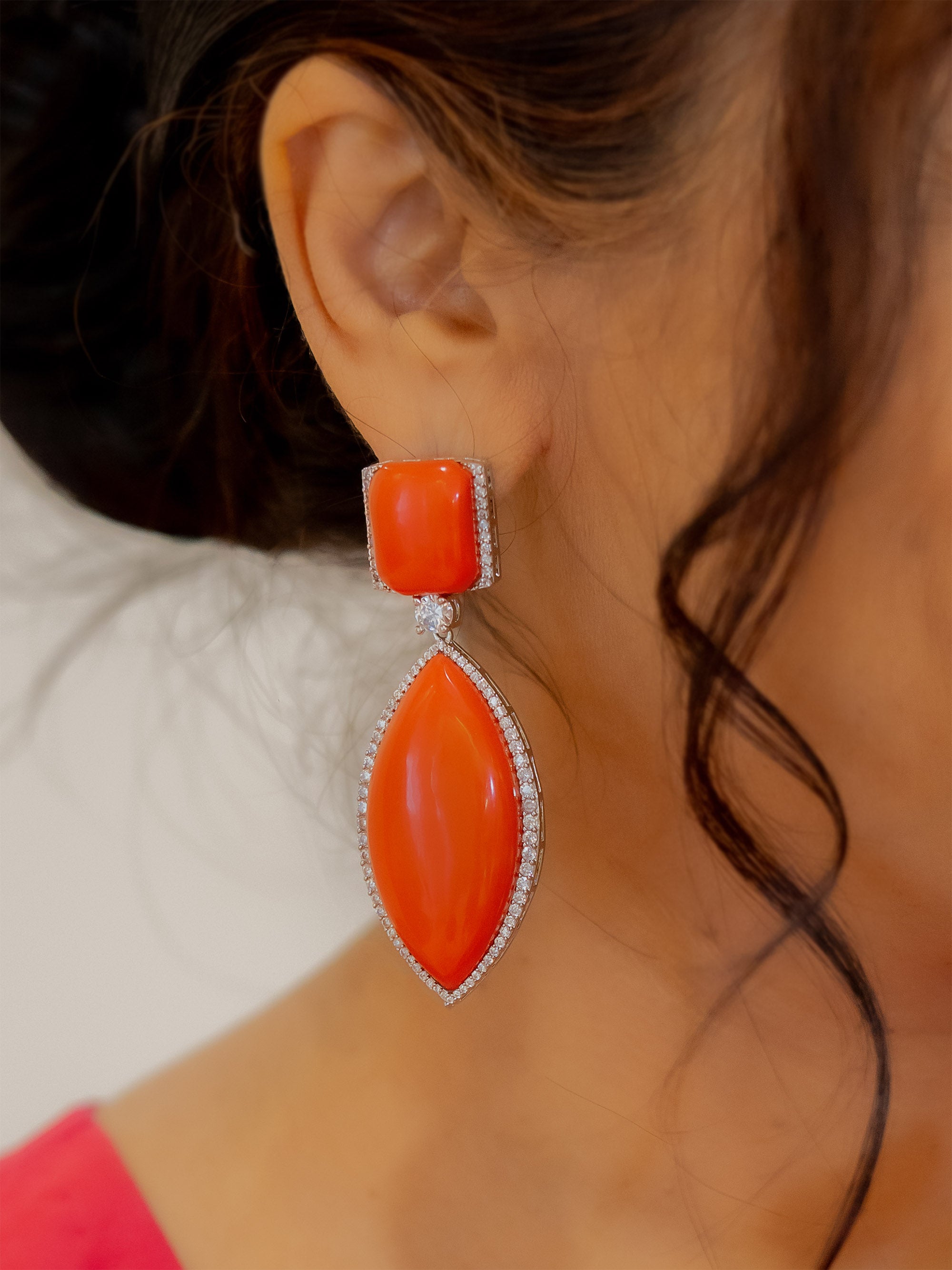 CC-EAR11OR - Orange Color Silver Plated Contemporary Earrings