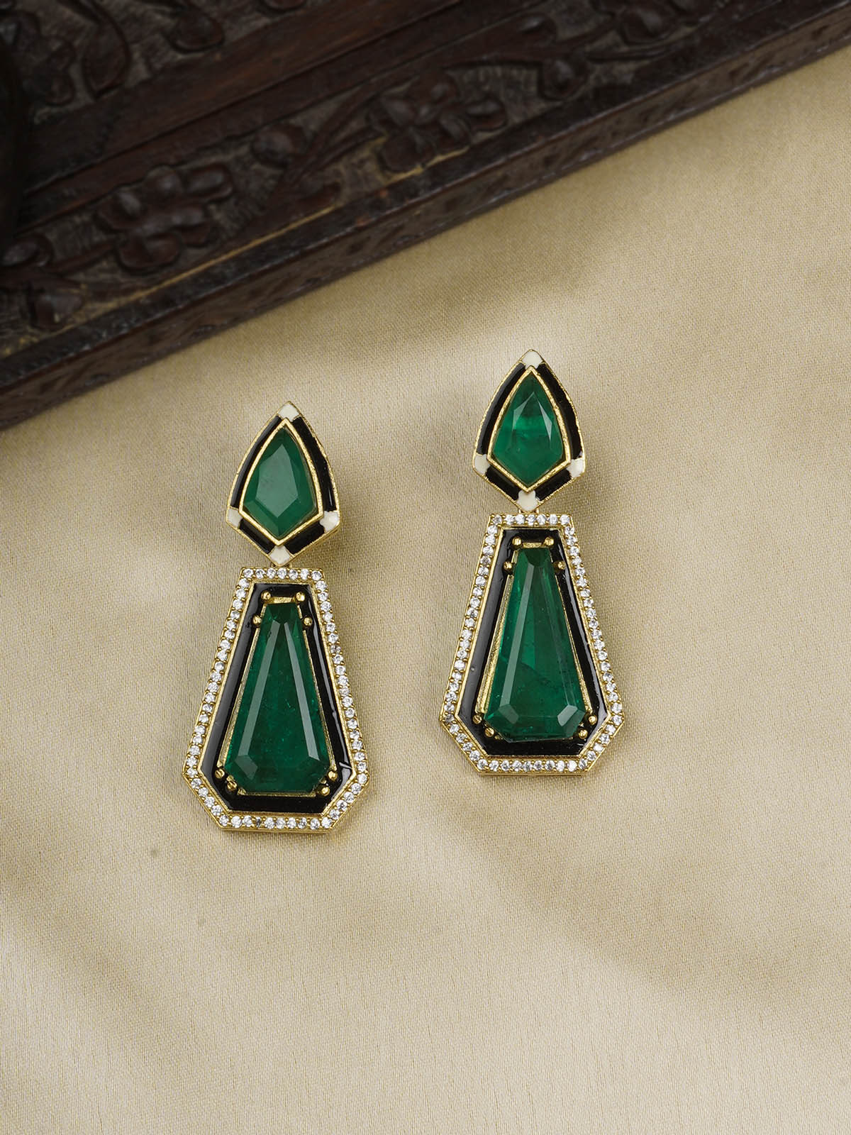 CC-EAR14GR - Green Color Gold Plated Contemporary Earrings
