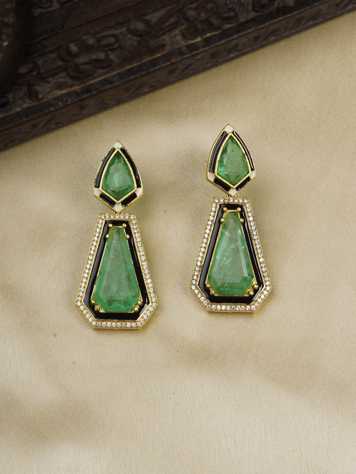 CC-EAR14MT - Green Color Gold Plated Contemporary Earrings