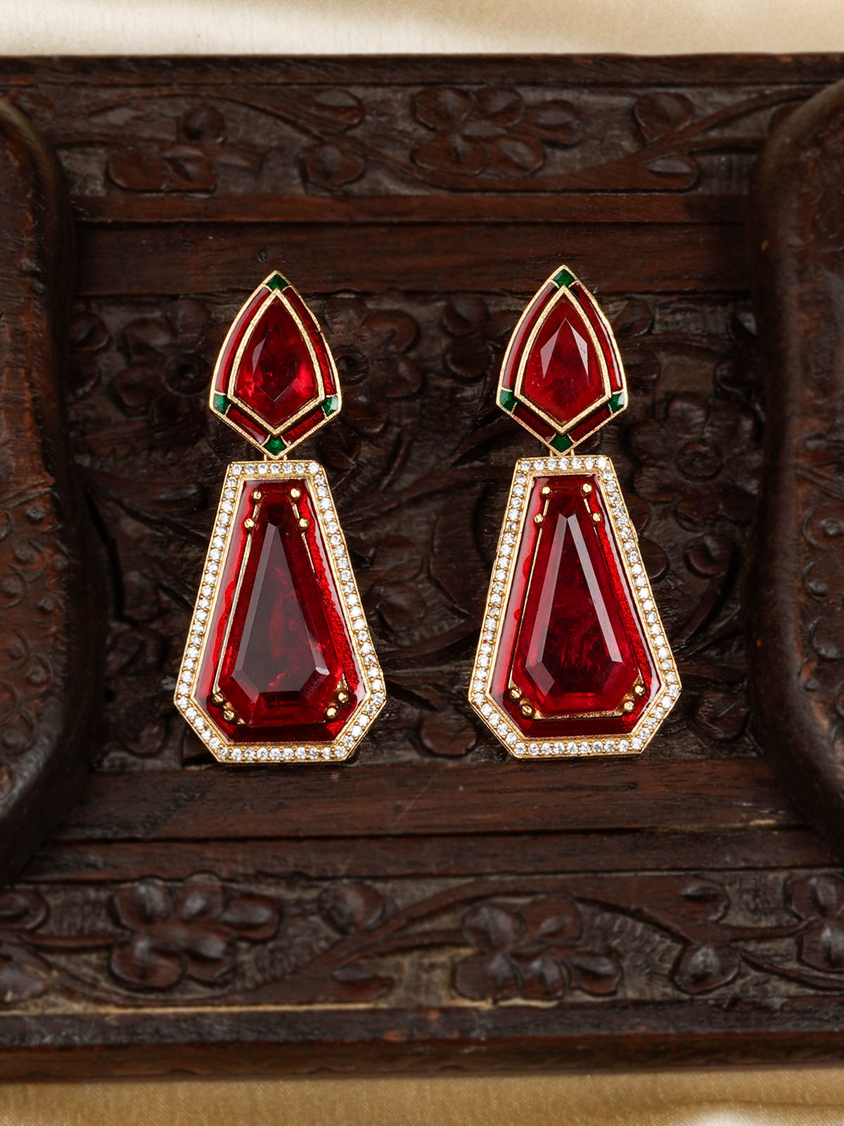 CC-EAR14R - Red Color Gold Plated Contemporary Earrings