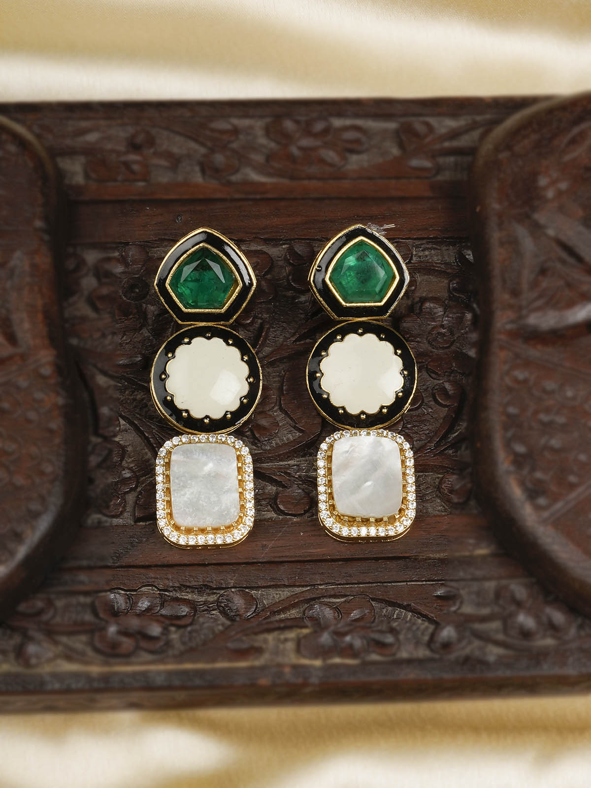 CC-EAR3MA - Green Color Gold Plated Contemporary Earrings