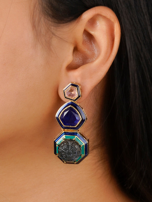 CC-EAR9BL - Blue Color Gold Plated Contemporary Earrings
