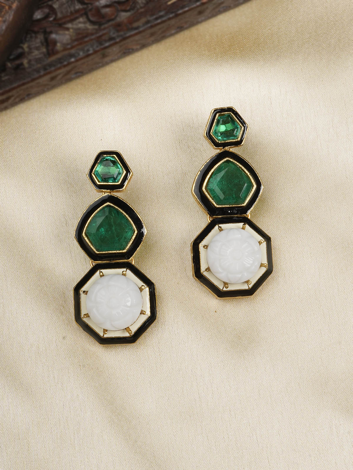 CC-EAR9W - Green Color Gold Plated Contemporary Earrings