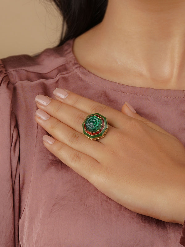CC-RNG7GR - Green Color Gold Plated Contemporary Ring