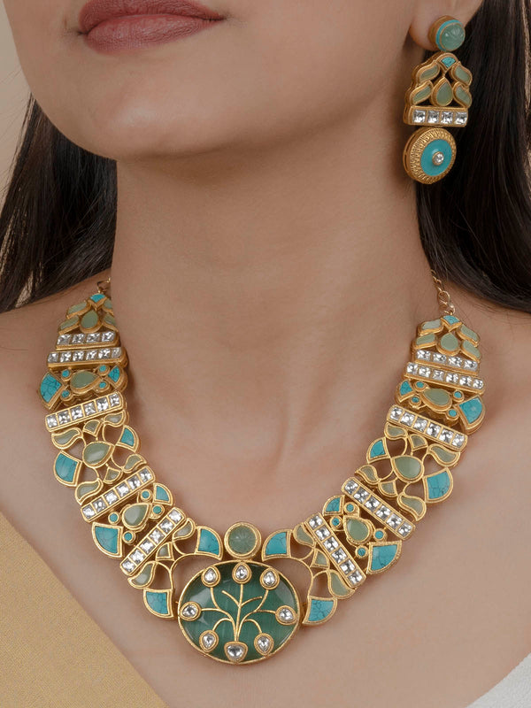 CC-S12MC - Multicolor Gold Plated Jadau Mishr Medium Necklace Set