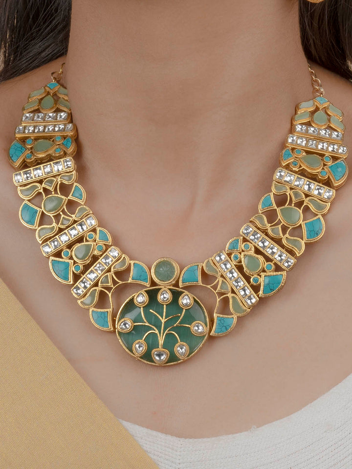 CC-S12MC - Multicolor Gold Plated Jadau Mishr Medium Necklace Set