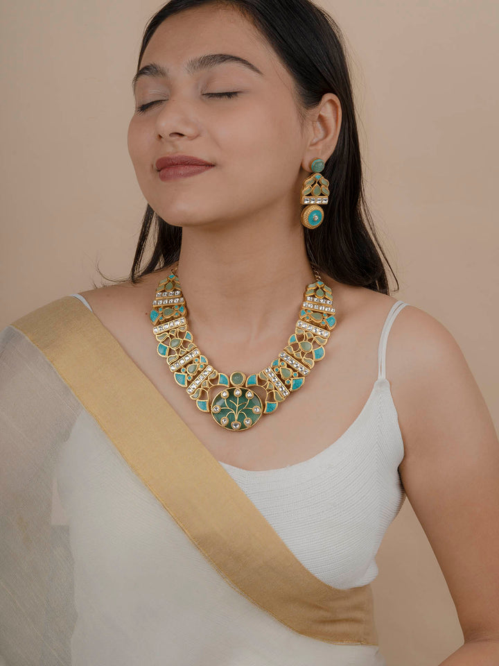 CC-S12MC - Multicolor Gold Plated Jadau Mishr Medium Necklace Set