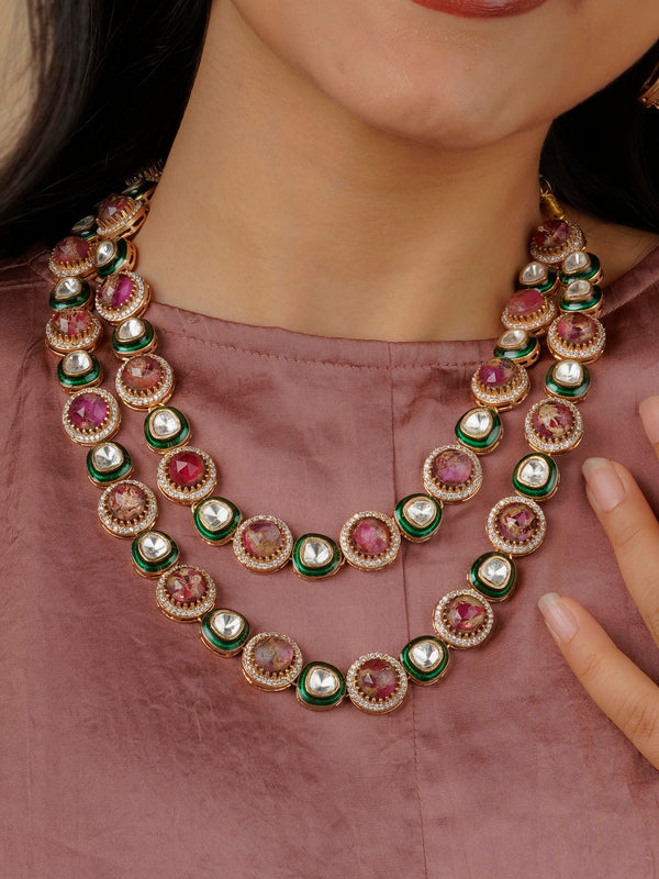 CC-S14A - Pink Color Gold Plated Contemporary Necklace Set
