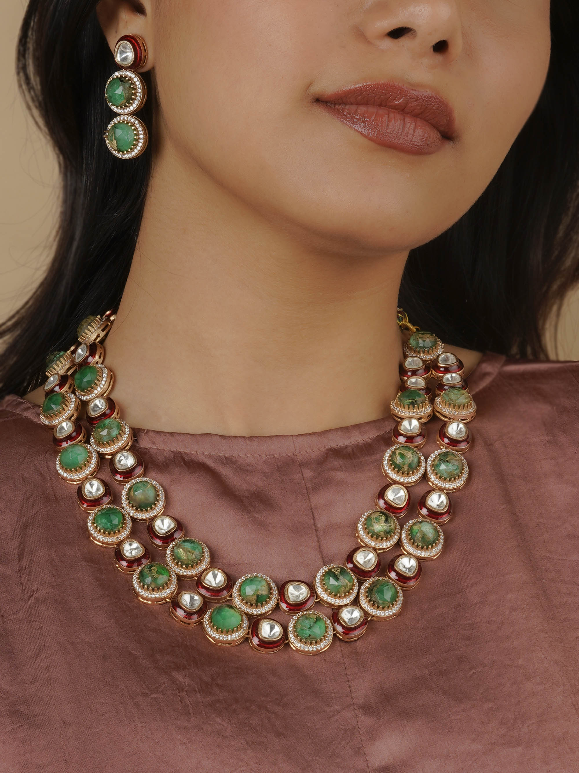 CC-S14B - Green Color Gold Plated Contemporary Necklace Set