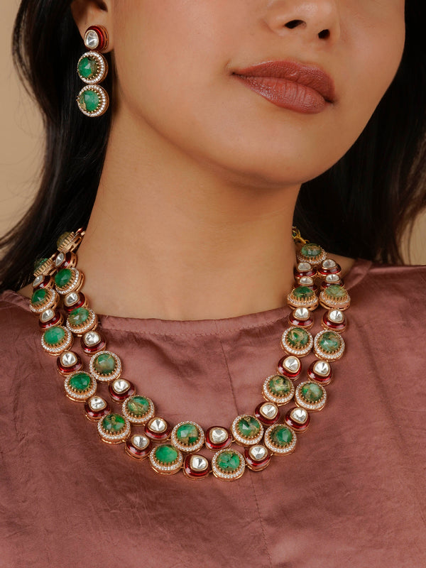 CC-S14B - Green Color Gold Plated Contemporary Necklace Set