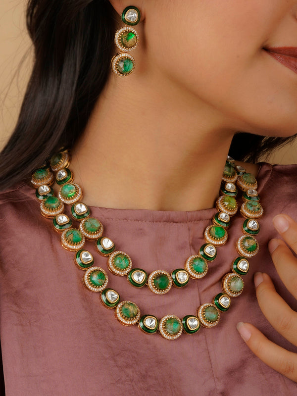 CC-S14GR - Green Color Gold Plated Contemporary Necklace Set