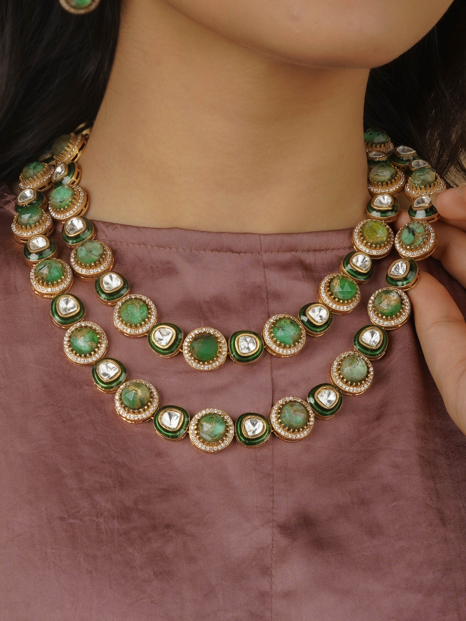 CC-S14GR - Green Color Gold Plated Contemporary Necklace Set