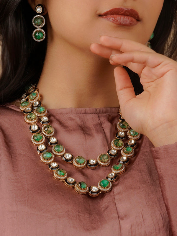 CC-S14 - Green Color Gold Plated Contemporary Necklace Set