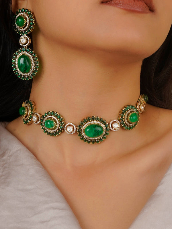 CC-S15GR - Green Color Gold Plated Contemporary Necklace Set