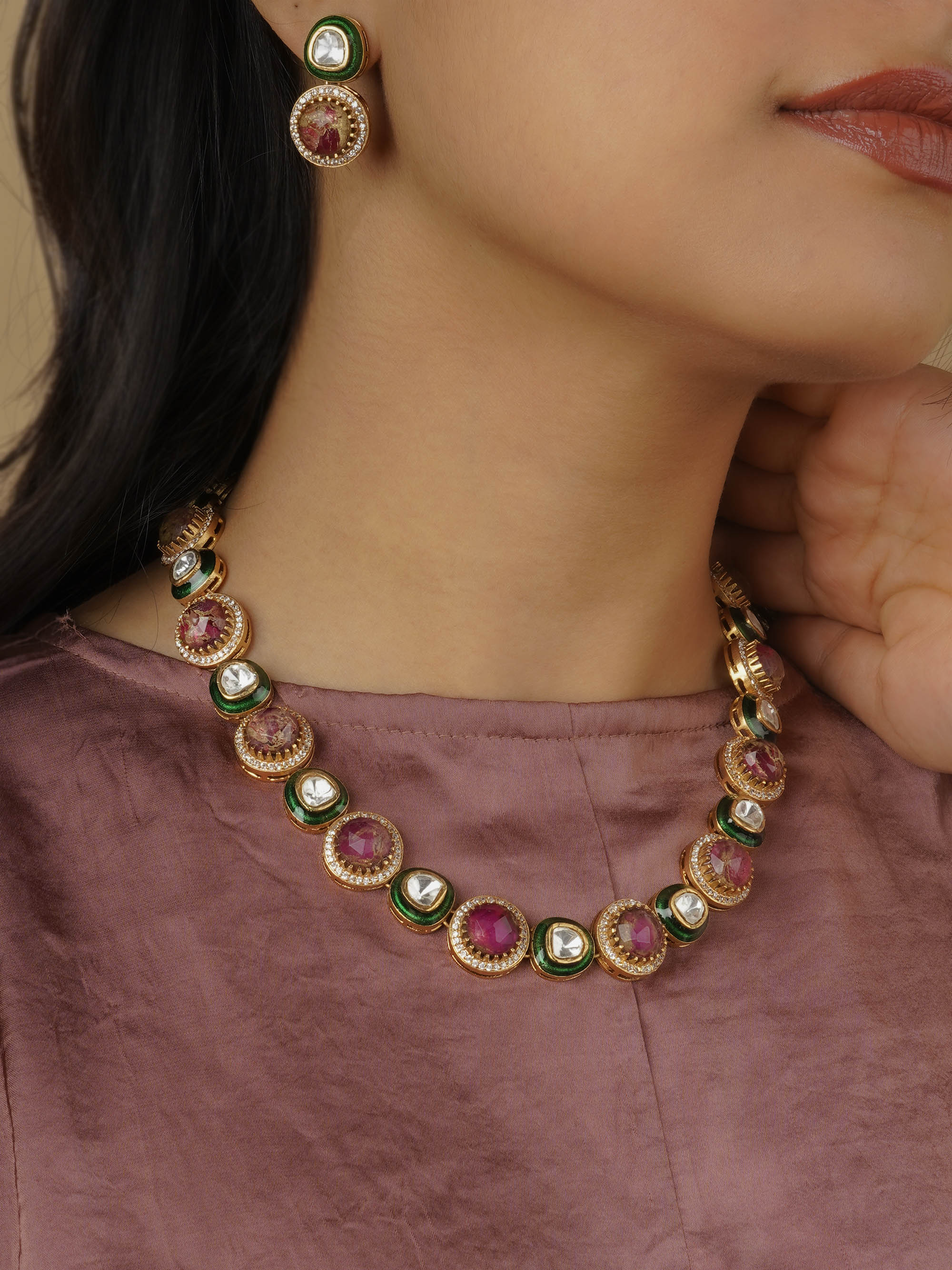 CC-S18 - Pink Color Gold Plated Contemporary Necklace Set
