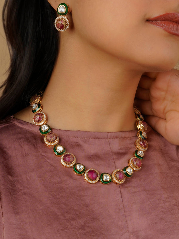 CC-S18 - Pink Color Gold Plated Contemporary Necklace Set