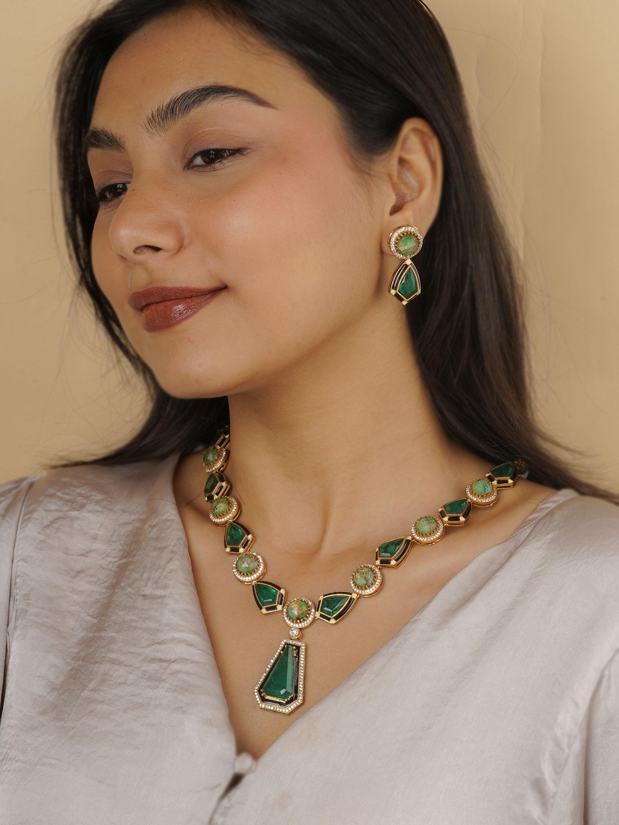 CC-S19GR - Green Color Gold Plated Contemporary Necklace Set