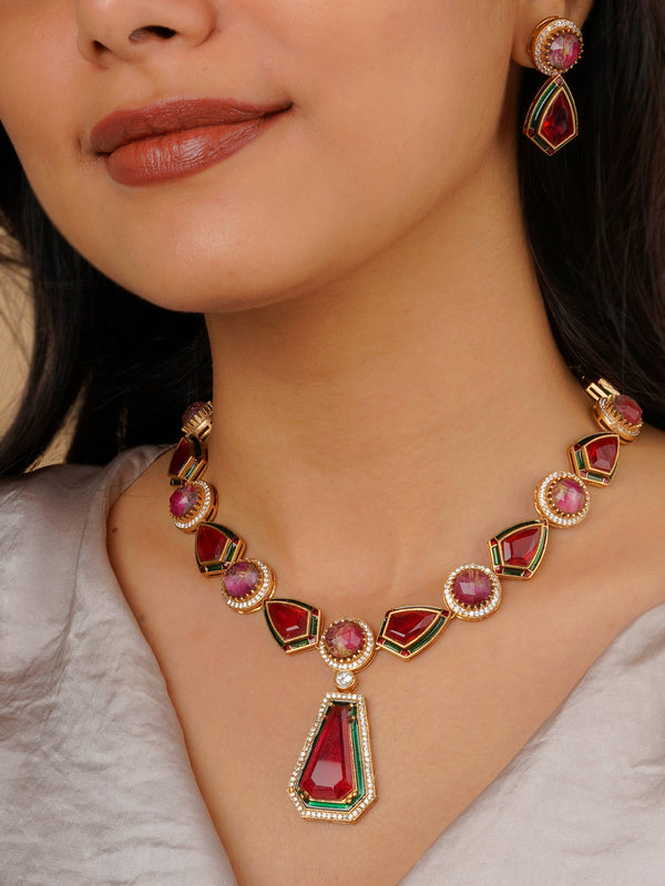 CC-S19R - Red Color Gold Plated Contemporary Necklace Set
