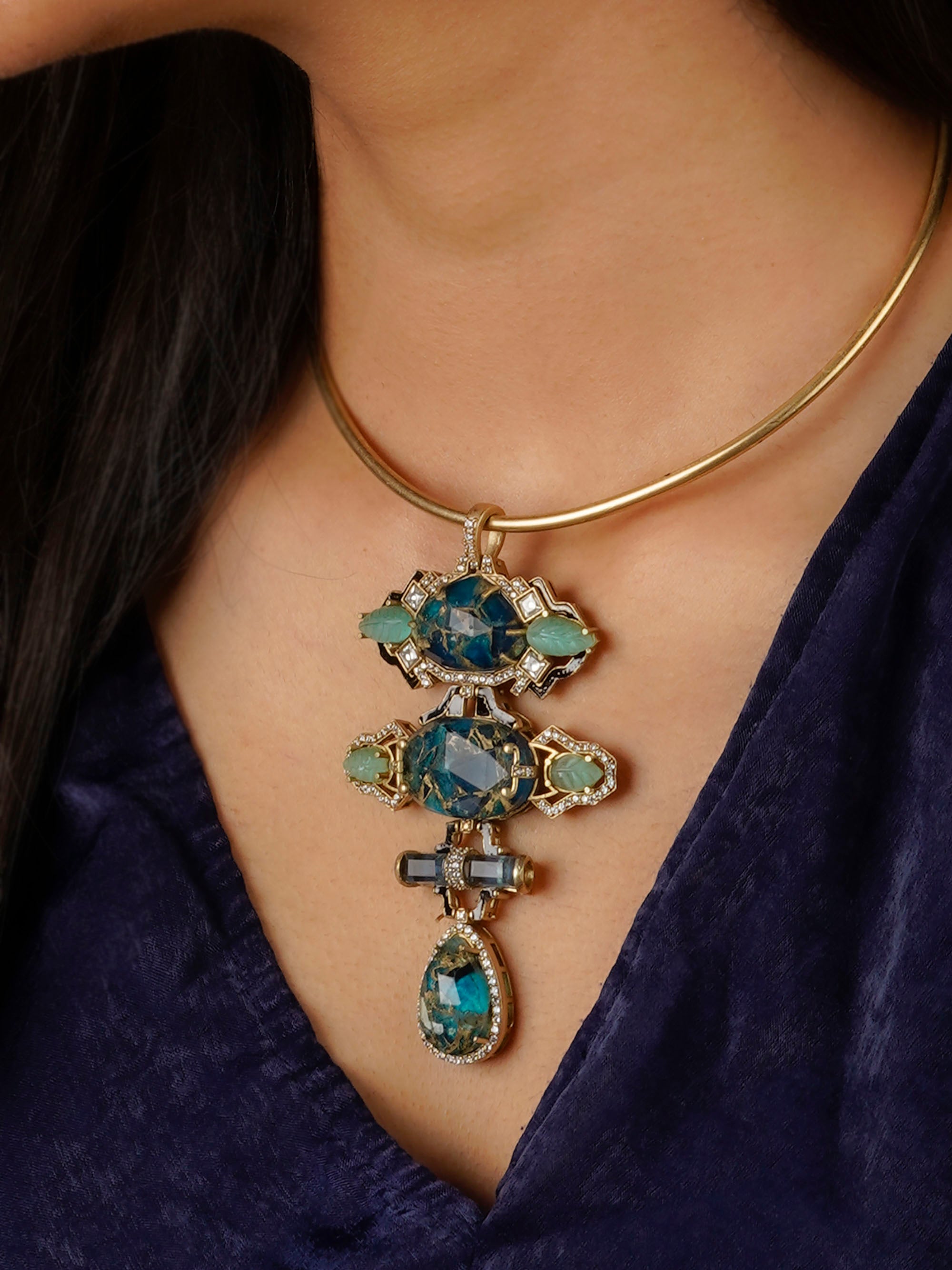 CC-S21BL - Blue Color Gold Plated Contemporary Necklace Set