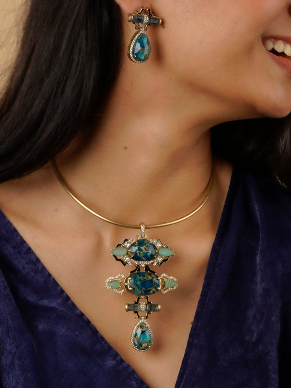 CC-S21BL - Blue Color Gold Plated Contemporary Necklace Set