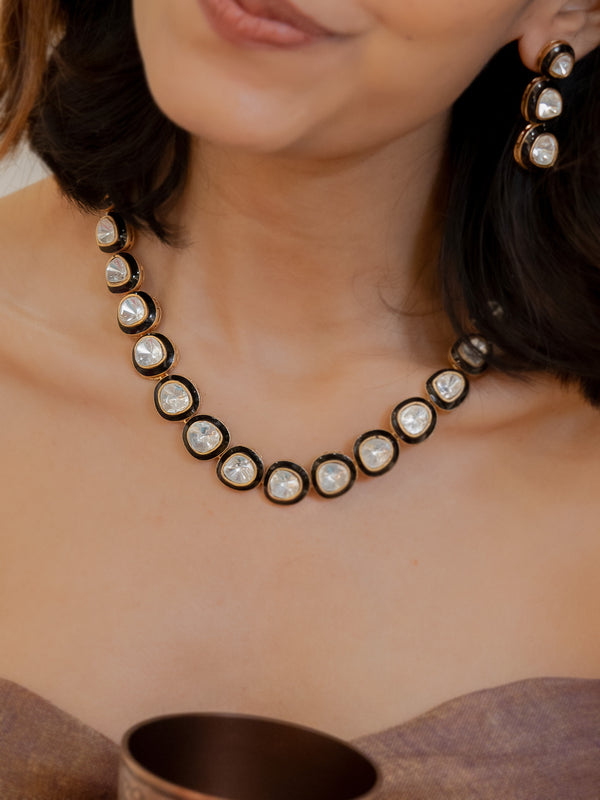 CC-S23BK - Black Color Gold Plated Contemporary Necklace Set