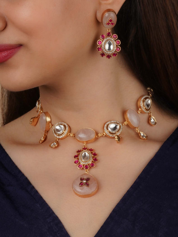 CC-S24C - Pink Color Gold Plated Contemporary Necklace Set