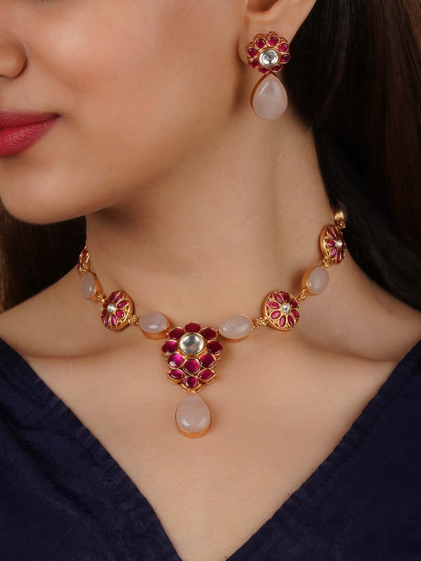 CC-S25 - Pink Color Gold Plated Contemporary Necklace Set