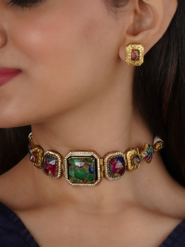 Multicolor Gold Plated Contemporary Necklace Set - CC-S28