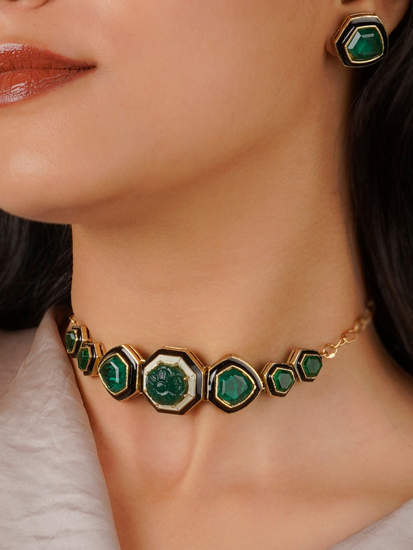 CC-S2GR - Green Color Gold Plated Contemporary Necklace Set