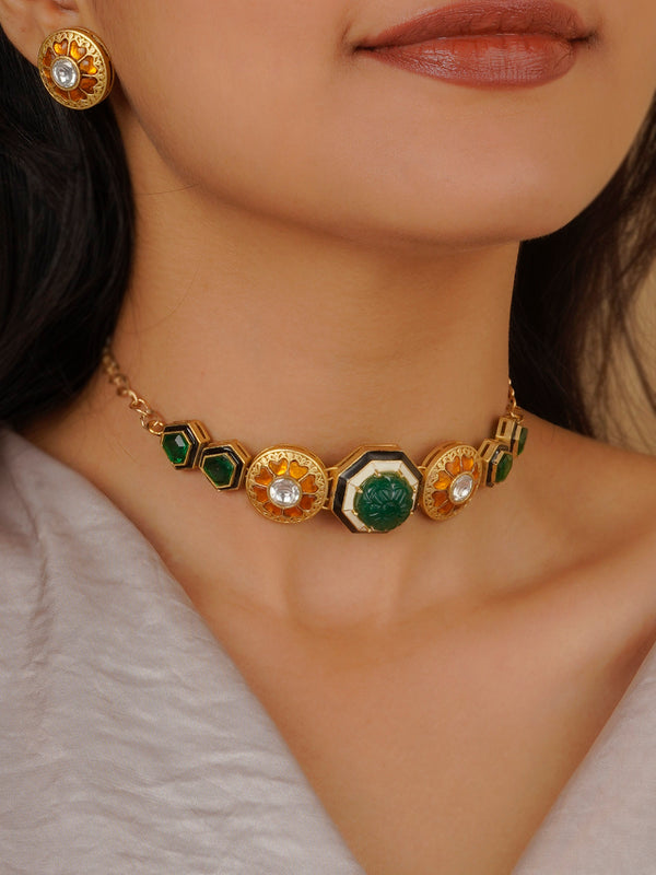 CC-S3GRA - Green Color Gold Plated Contemporary Necklace Set