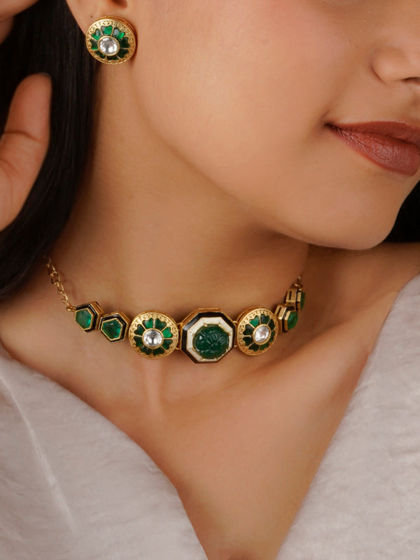 CC-S3GR - Green Color Gold Plated Contemporary Necklace Set