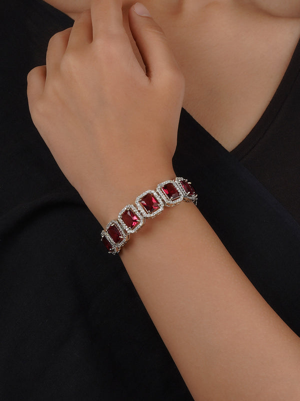 CZBRAC96P - Pink Color Silver Plated Faux Diamond Bracelet