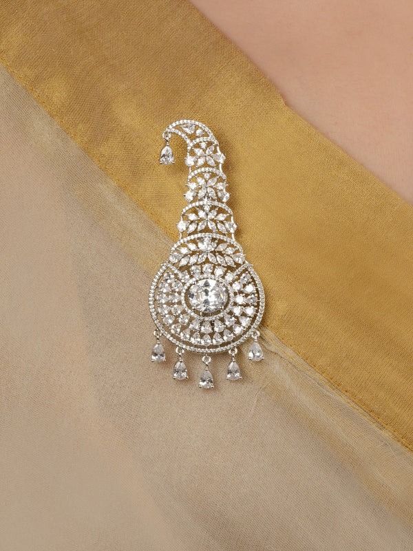 White Color Silver Plated Faux Diamond Brooch - CZBRC1SL