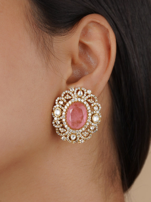 MO-EAR7LP - Pink Color Gold Plated Faux Diamond Earrings