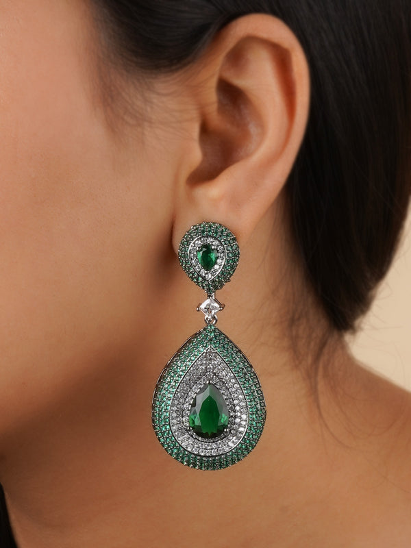 CZEAR505GR - Green Color Silver Plated Faux Diamond Earrings