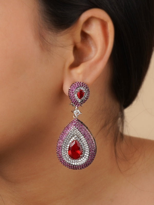 CZEAR505R - Red Color Silver Plated Faux Diamond Earrings
