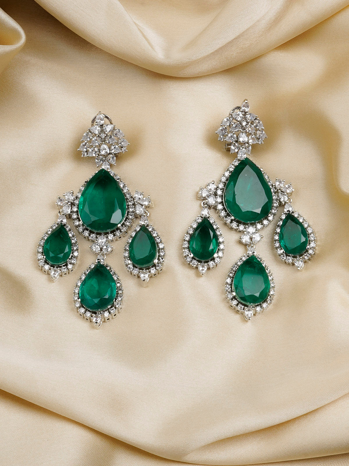 CZEAR540GR - Green Color Silver Plated Faux Diamond Earrings