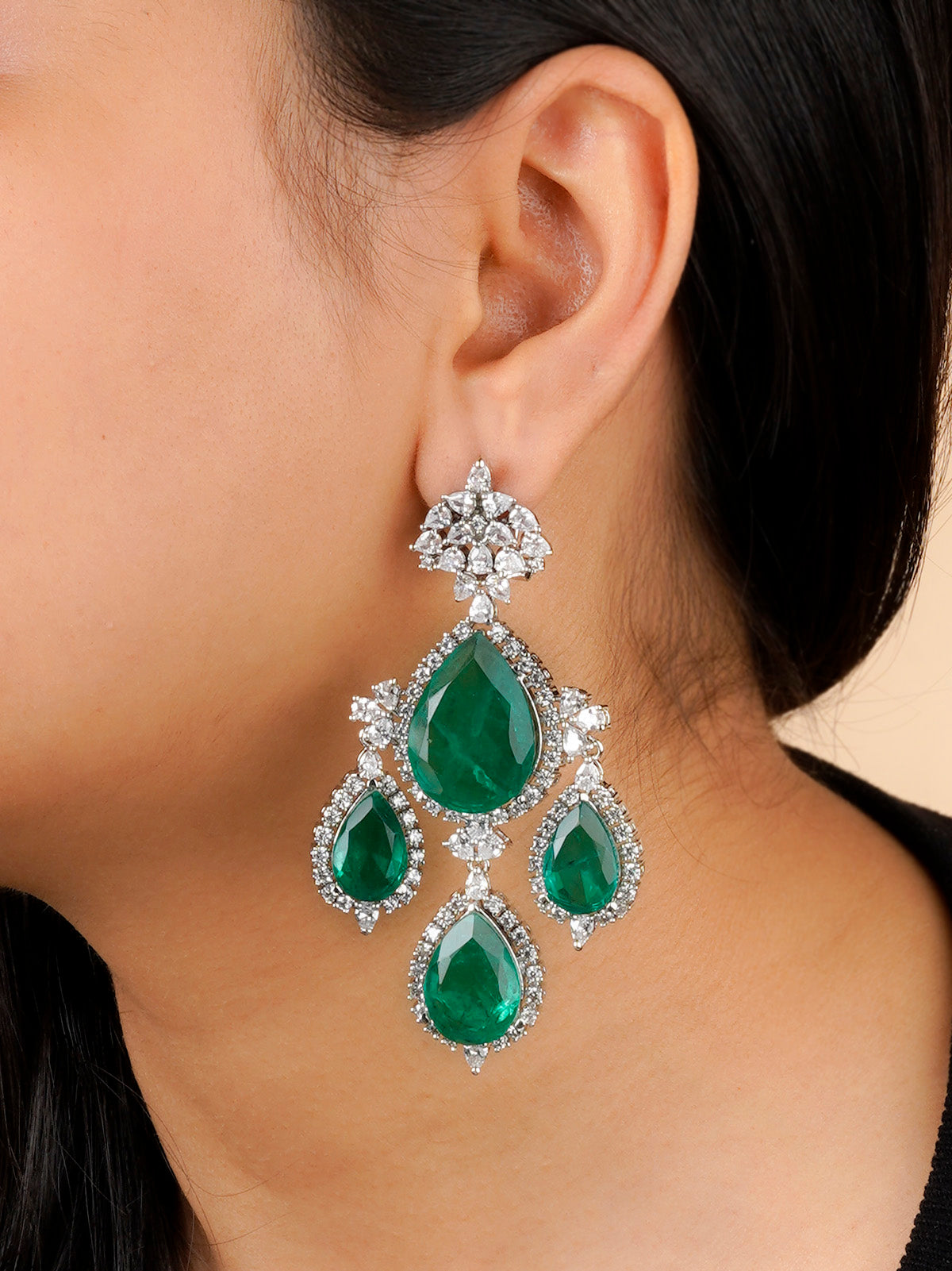 CZEAR540GR - Green Color Silver Plated Faux Diamond Earrings