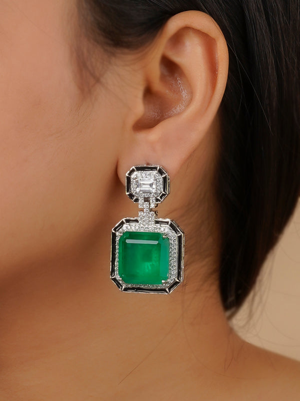 CZEAR542GR - Green Color Silver Plated Faux Diamond Earrings