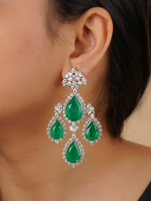 CZEAR543GR - Green Color Silver Plated Faux Diamond Earrings